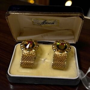 Vintage Anson Gold-Tone Mesh Cufflinks with Iridescent Gemstone Accents